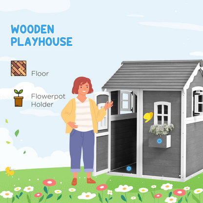 Outsunny Wooden Wendy House for Kids with Floor, for Gardens, Patios - Grey