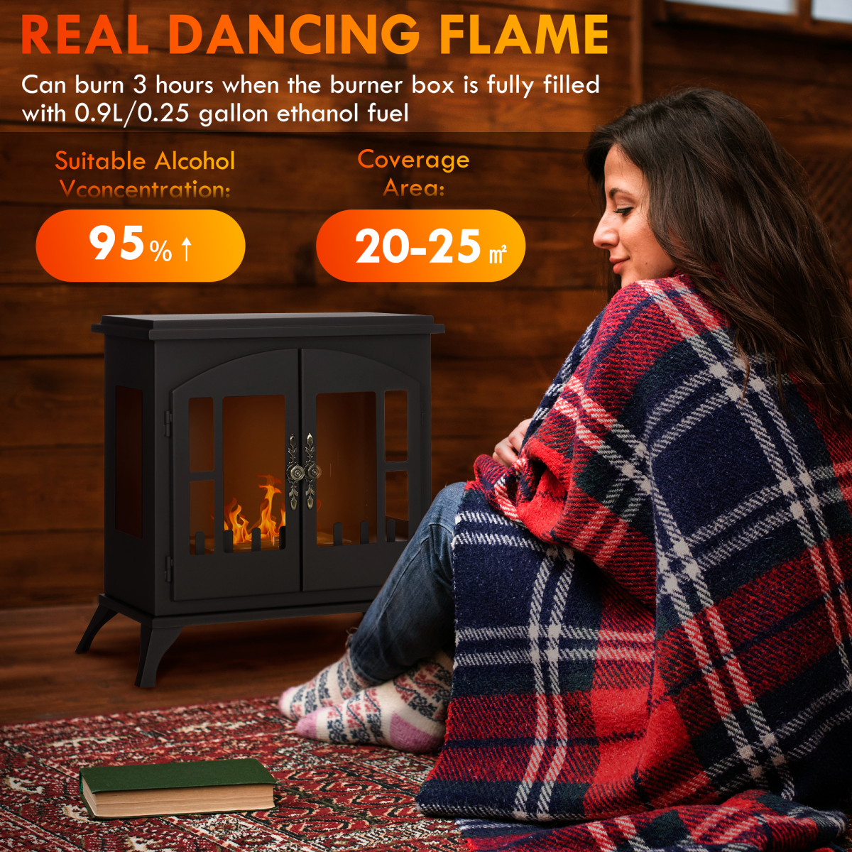 HOMCOM Ethanol Fireplace Stove Freestanding Bioethanol Fire w/ 0.9L Tank Black