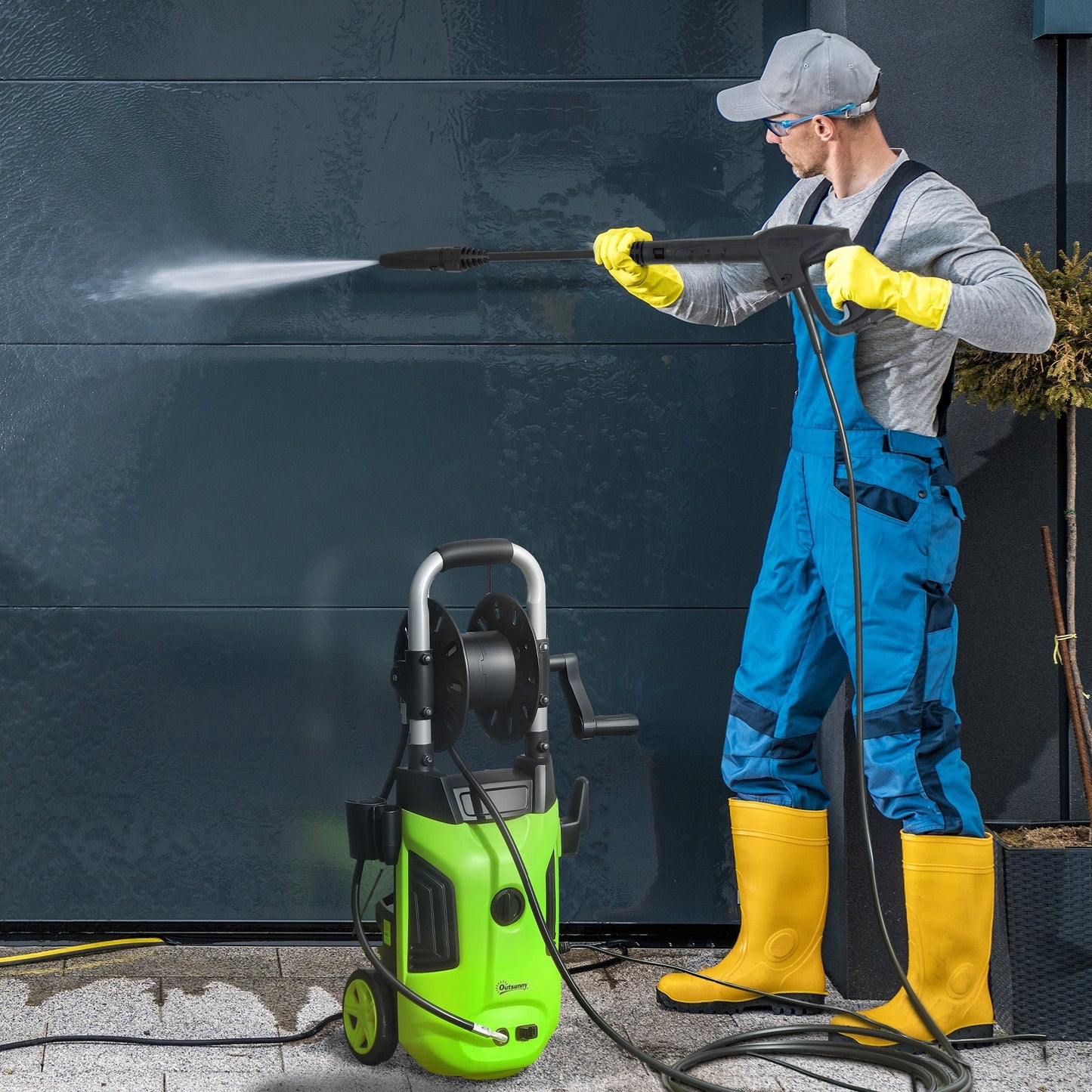 Outsunny 1800W High Pressure Washer, 150 Bar Pressure, 420 L/h Flow, Portable Power Washer Jet Wash Cleaner with Adjustable Nozzle, 6M Hose, Hose Reel, Steel Handle for Home Patio Car Driveway, Green