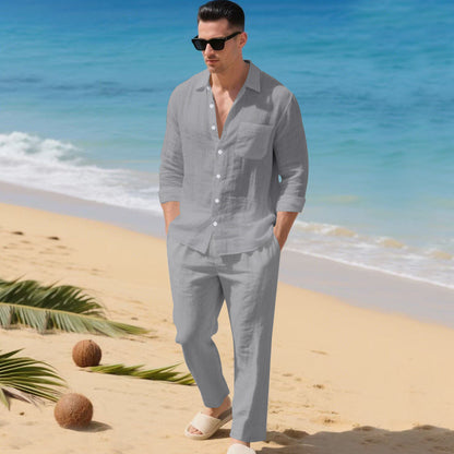 Beach Leisure Loose Collar Shirt Long Sleeve Pants Set
