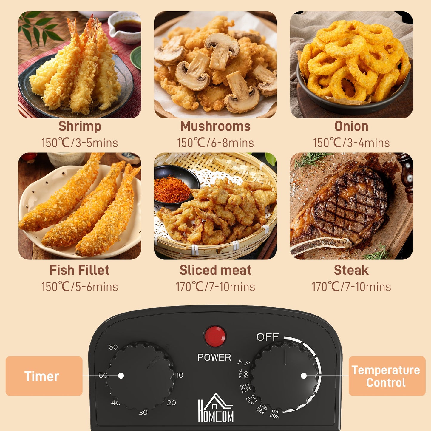 HOMCOM 5 Litre Deep Fat Fryer with Adjustable Temperature & Timer, 2000W Stainless Steel Deep Fryer with Removable Oil Basket and Viewing Window, for Chips Fried Chicken