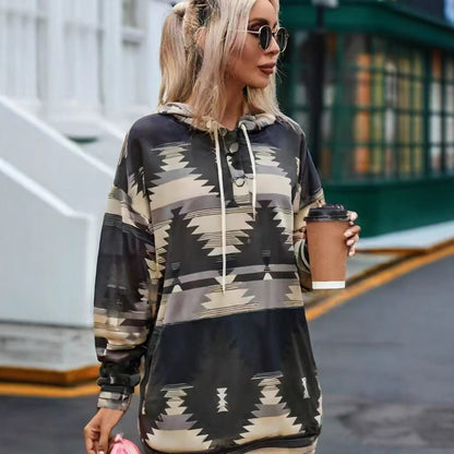 Geometric Pattern Long Sleeve Loose Hooded Button Pocket Sweatshirt