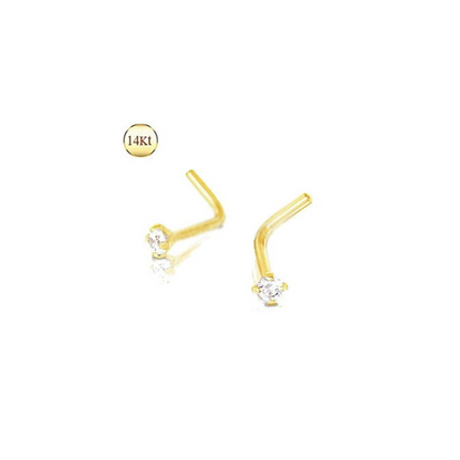14Kt Yellow Gold Prong Set Clear CZ L Bend Nose Ring