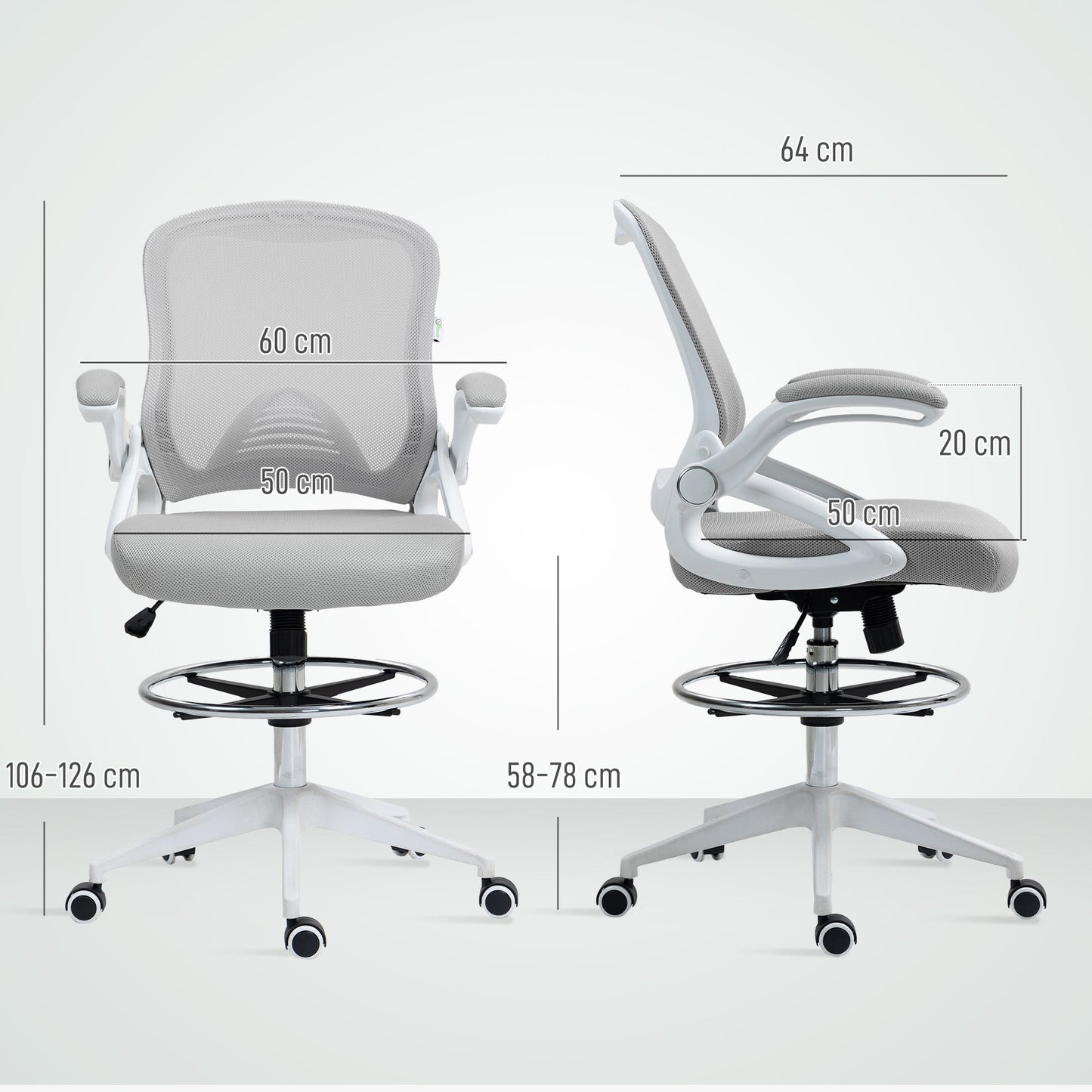 Vinsetto Drafting Chair with Flip-up Armrest, Mesh Office Stool with Foot Ring, 360° Swivel Height Adjustable Chair for Standing Desk, Light Grey