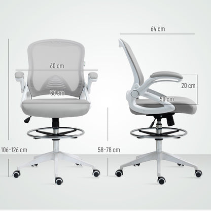 Vinsetto Drafting Chair with Flip-up Armrest, Mesh Office Stool with Foot Ring, 360° Swivel Height Adjustable Chair for Standing Desk, Light Grey