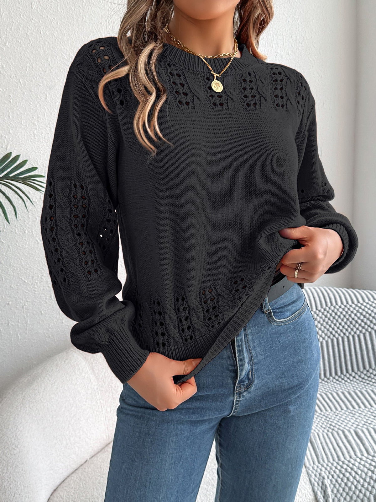 Women Casual Solid Color Hollow Out Lantern Sleeve Pullover Sweater