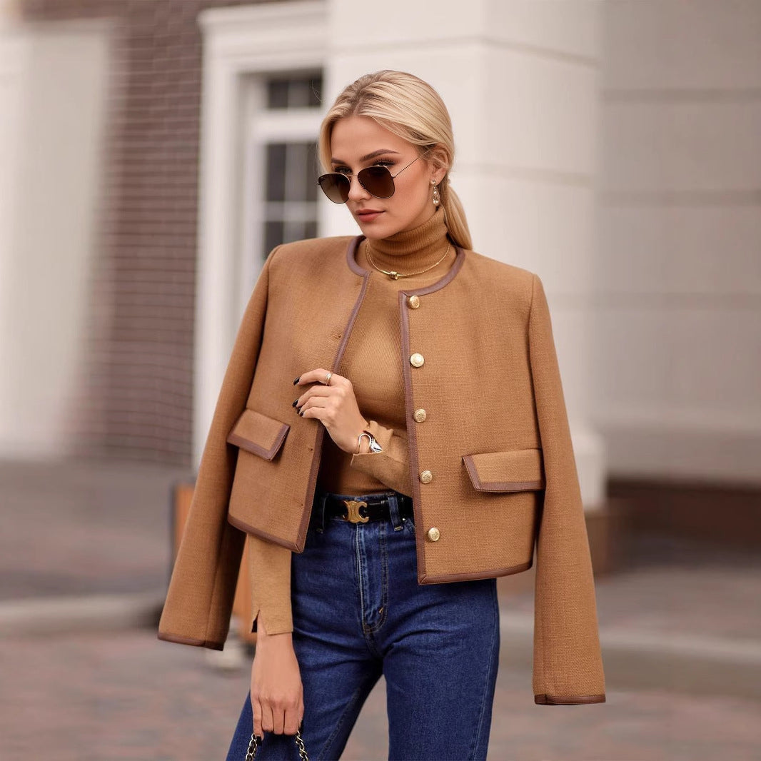 Fashion Round Neck Metal Button Design Short Coat