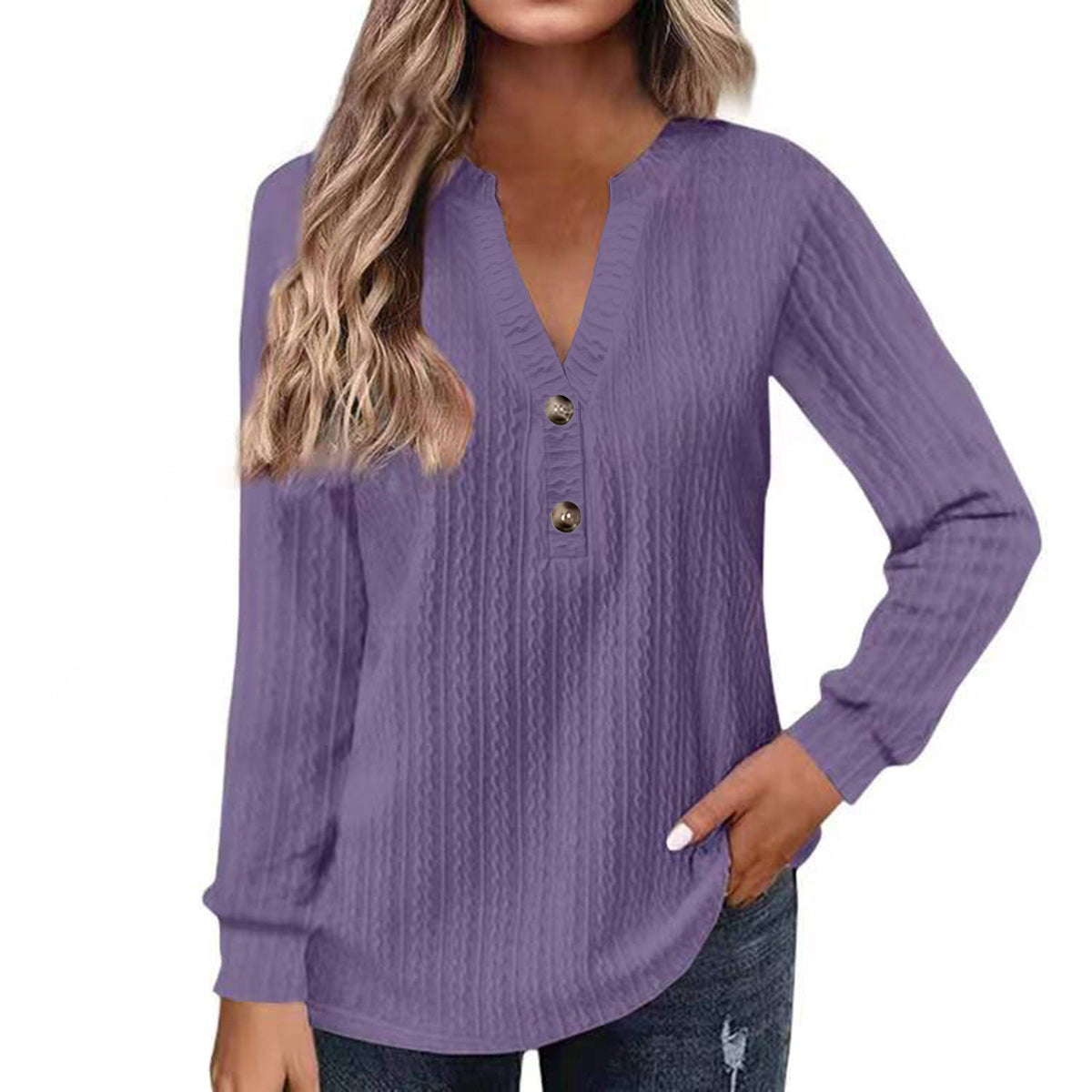 Women's Solid-color Long-sleeve V-neck Button T-shirt Top
