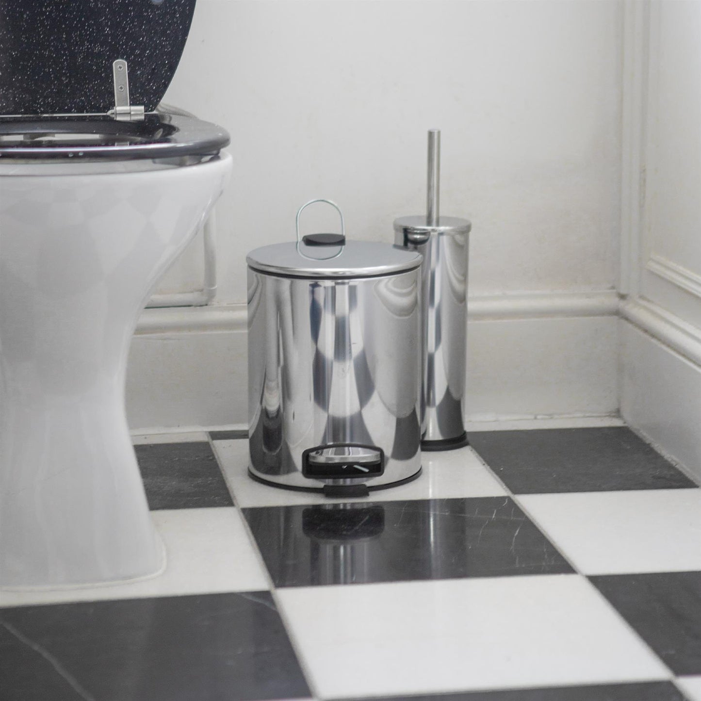 2pc 5L Chrome Round Stainless Steel Pedal Bin & Toilet Brush Set