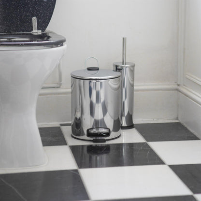 2pc 5L Chrome Round Stainless Steel Pedal Bin & Toilet Brush Set