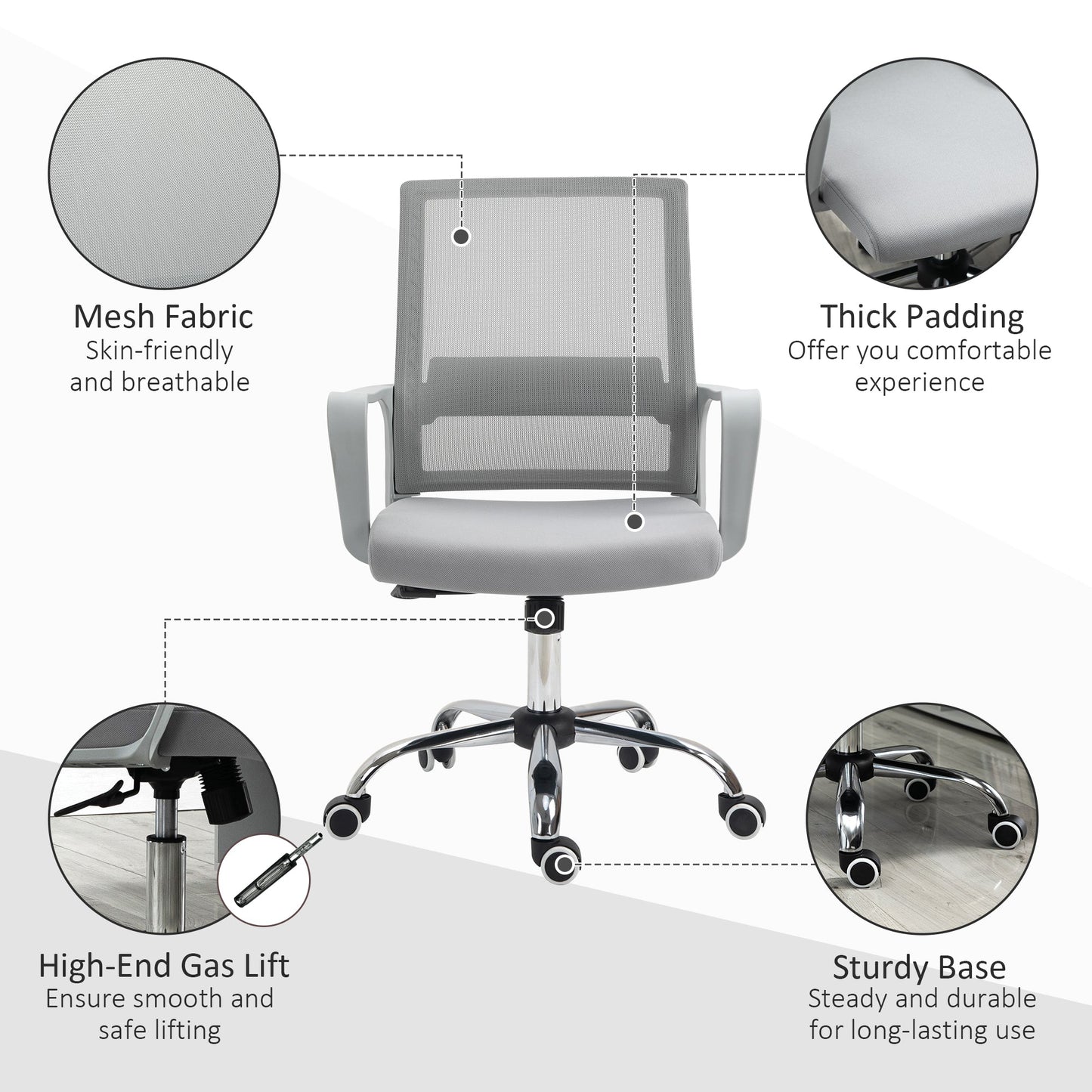 Vinsetto Ergonomic Desk Chair Mesh Office Chair with Adjustable Height Armrest and 360\'c2\'b0 Swivel Castor Wheels Grey