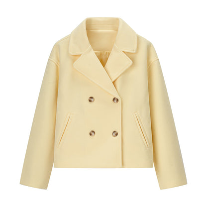 Lapel Long Sleeve Double Breasted Short Woolen Coat