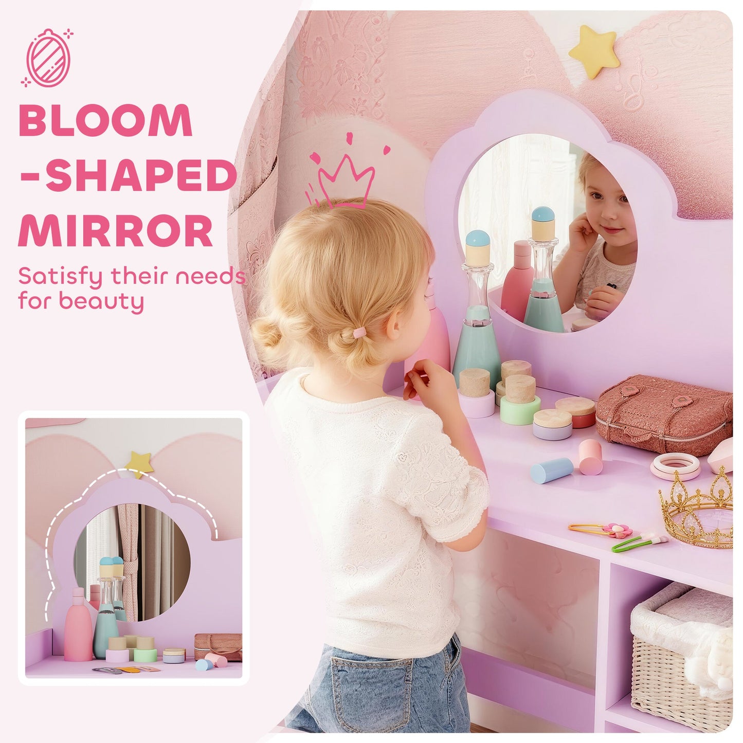 AIYAPLAY Kids Dressing Table with Mirror, Stool, Kids Vanity Table with Shelves, for Ages 3-8 Years, Purple
