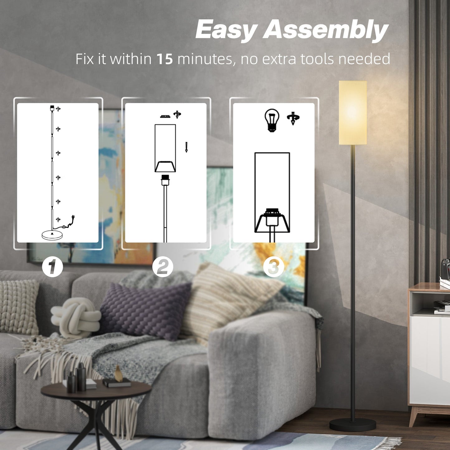 HOMCOM Floor Lamp for Living Room, Modern Standing Lamp with Linen Shade & Foot Switch, Minimalist Tall Pole Lampshade for Bedroom, Office, White