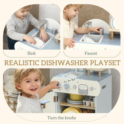 AIYAPLAY Wooden Dishwasher Playset, Kitchen Sink Toys with Faucet, Sink and Accessories, Gift for Boys Girls Toddlers