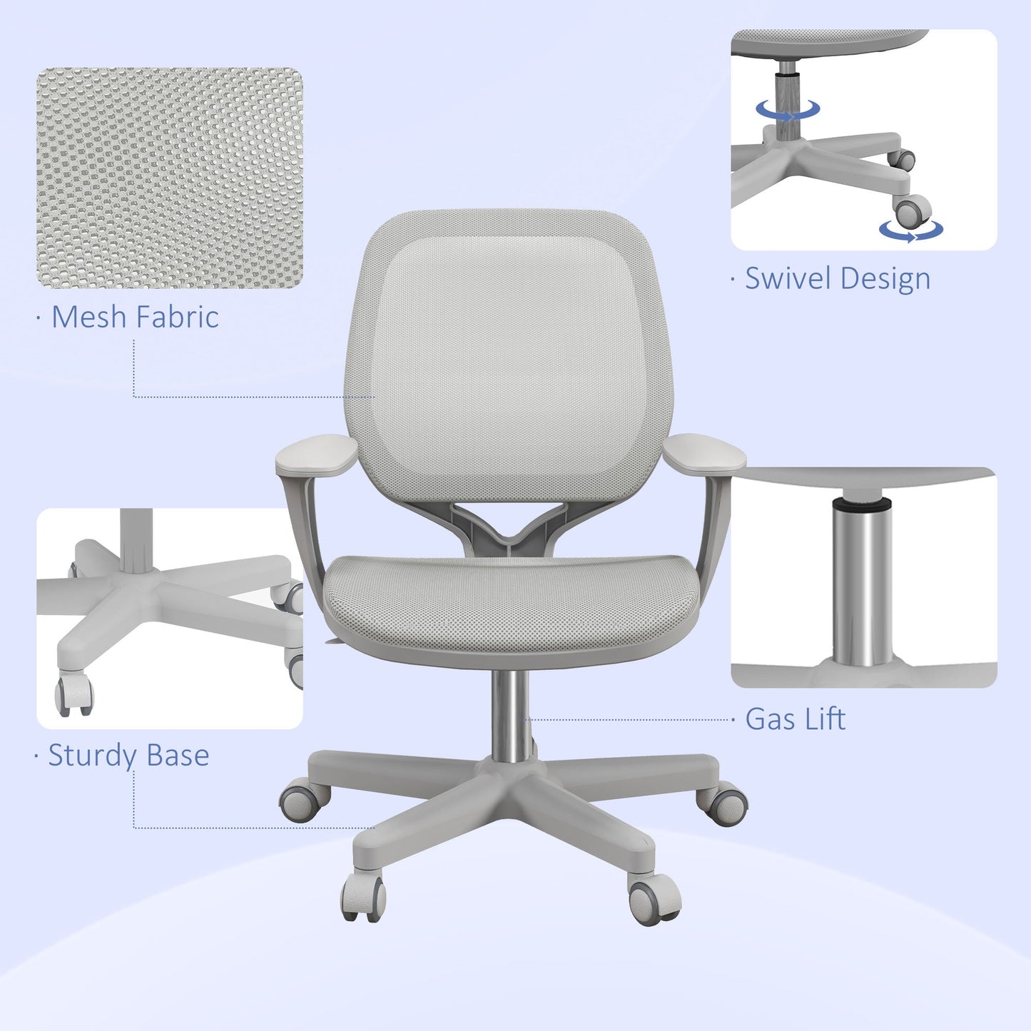 Vinsetto Office Chair, Breathable Mesh Swivel Desk Chair with Adjustable Height and  360° Swivel Security Wheels for Home Office, Study, Grey