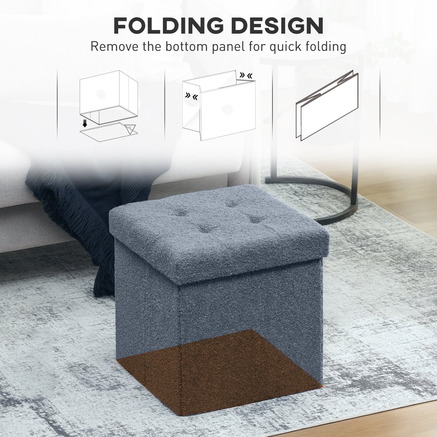 HOMCOM Foldable Sherpa Fleece Storage Ottoman - Blue