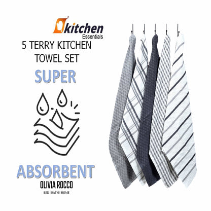 5 Pack Super Absorbent Check Quick Drying Cotton Terry Kitchen Tea Towels Durable Versatile Dish Towels for Home and Professional Use 45cm x 65cm by OLIVIA ROCCO