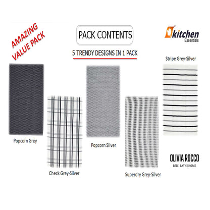 5 Pack Super Absorbent Check Quick Drying Cotton Terry Kitchen Tea Towels Durable Versatile Dish Towels for Home and Professional Use 45cm x 65cm by OLIVIA ROCCO