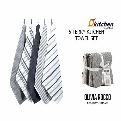 5 Pack Super Absorbent Check Quick Drying Cotton Terry Kitchen Tea Towels Durable Versatile Dish Towels for Home and Professional Use 45cm x 65cm by OLIVIA ROCCO