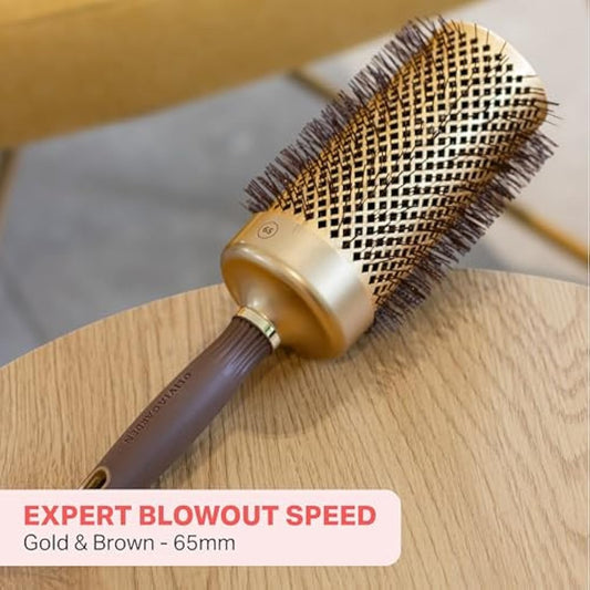 Olivia Garden Expert Blowout Speed – Gold & Brown - 65 - Ceramic Coated Round Brush with Extra Long Barrel for 25% Faster Blowouts