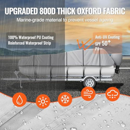 VEVOR Pontoon Boat Cover, 23'-24' Waterproof Trailerable Pontoon Cover, 800D Marine Grade PU Oxford Fabric, with Motor Cover, 16 Windproof Buckle Straps, Fits for 23'-24'L, Beam Width to 102", Grey