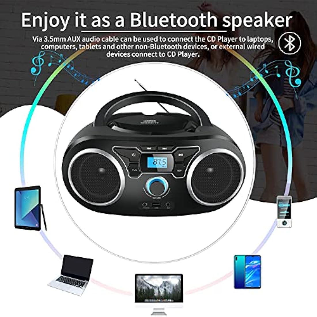 Portable Personal CD Player with FM Radio Stereo Sound, Bluetooth, USB, AUX-IN, Headphone Output, MP3 CDs Compatible, Clear and Full Sound, AC/DC Operated for Home or Outdoor