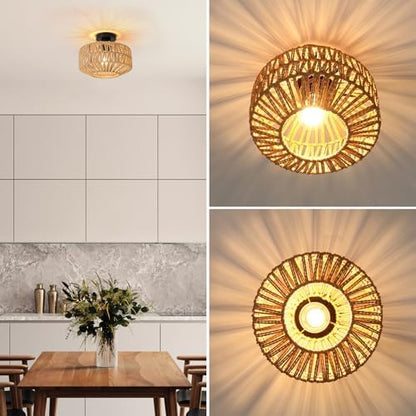 FORCOSO Rattan Ceiling Light, Boho Lamp with Natural Rattan Lampshade, E27 Vintage Chandelier Wicker Light Shade Fitting, Rustic Bamboo Lamp Fixtures for Living Room Bedroom Dining Kitchen Hallway
