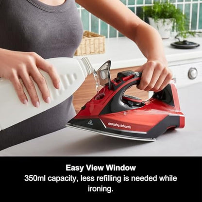 Morphy Richards EasyCHARGE Cordless Steam Iron, Non Stick Ceramic Soleplate, 130g Boost, 30g Output, 350ml Water Tank, Anti Drip and Scale, Auto Shut-off, 2.5m Cord, 2400W, Red, 303250