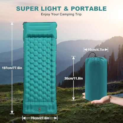 Camping Sleeping Pad with Pillow: Extra Thick 12cm Ultra-Light Self Inflating Air Mat, Lightweight Compact Inflatable Sleep Mattress with Built-in Pump Ultimate for Camping, Hiking (Peacock Blue)
