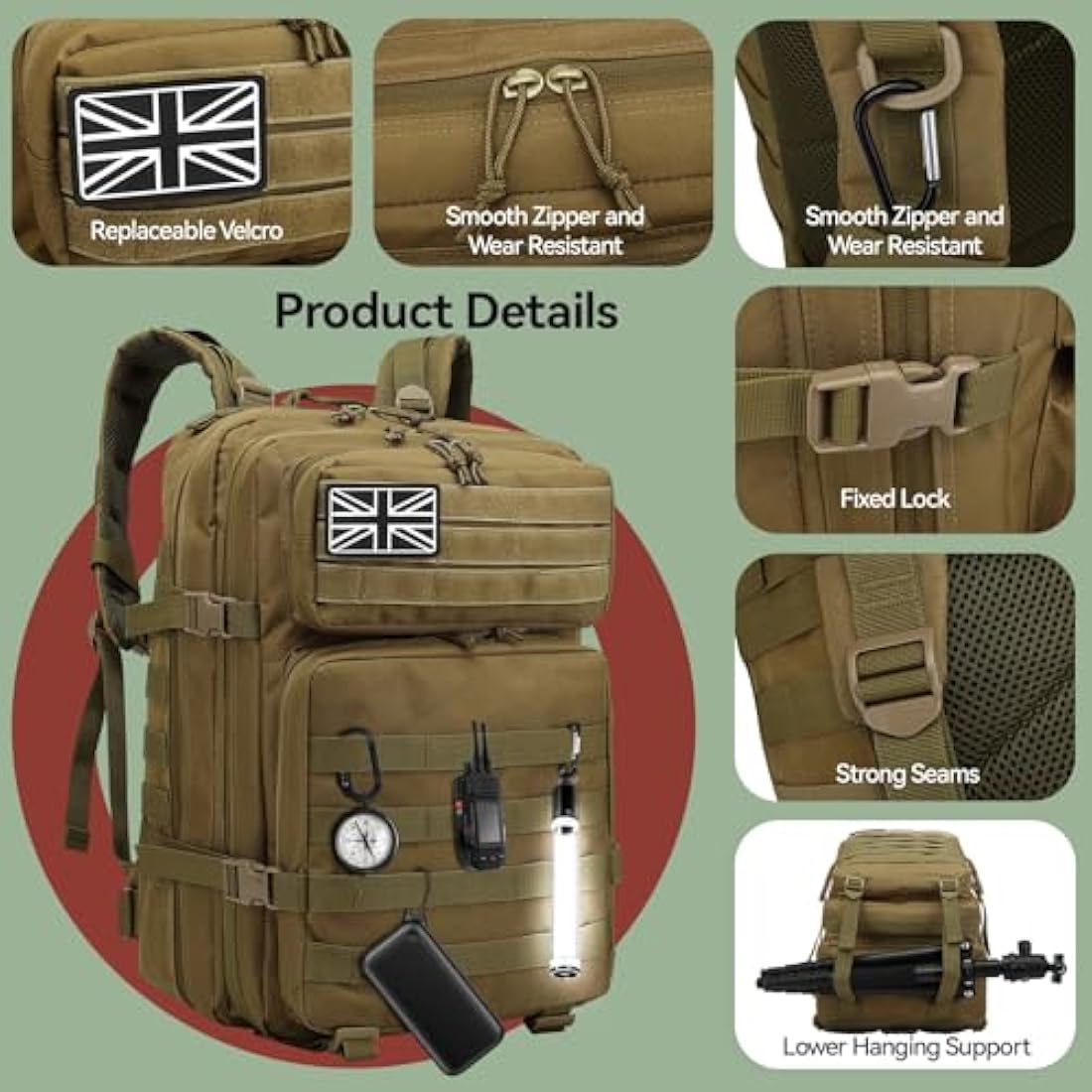 Delgeo 45L Military Tactical Backpacks Molle Army Assault Pack 3 Day Bug Out Bag Hiking Treeking Camouflage Hunting Rucksack