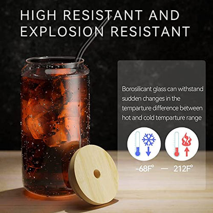 Finew [12 Packs] Drinking Glasses with Bamboo Lids and Glass Straws, 16oz Iced Coffee Cup, Can Shaped Glass Cups, Smoothie Cup, Glasses Tumbler for