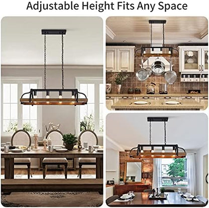WUZUPS 4-Light Metal Pot Hanging Rack Chandelier Imitation Wood Grain Linear Pendant Ceiling Lighting Rustic Farmhouse Fixture Kitchen Island Dining Room, H25 x L88 x W30, E27 Base, Black