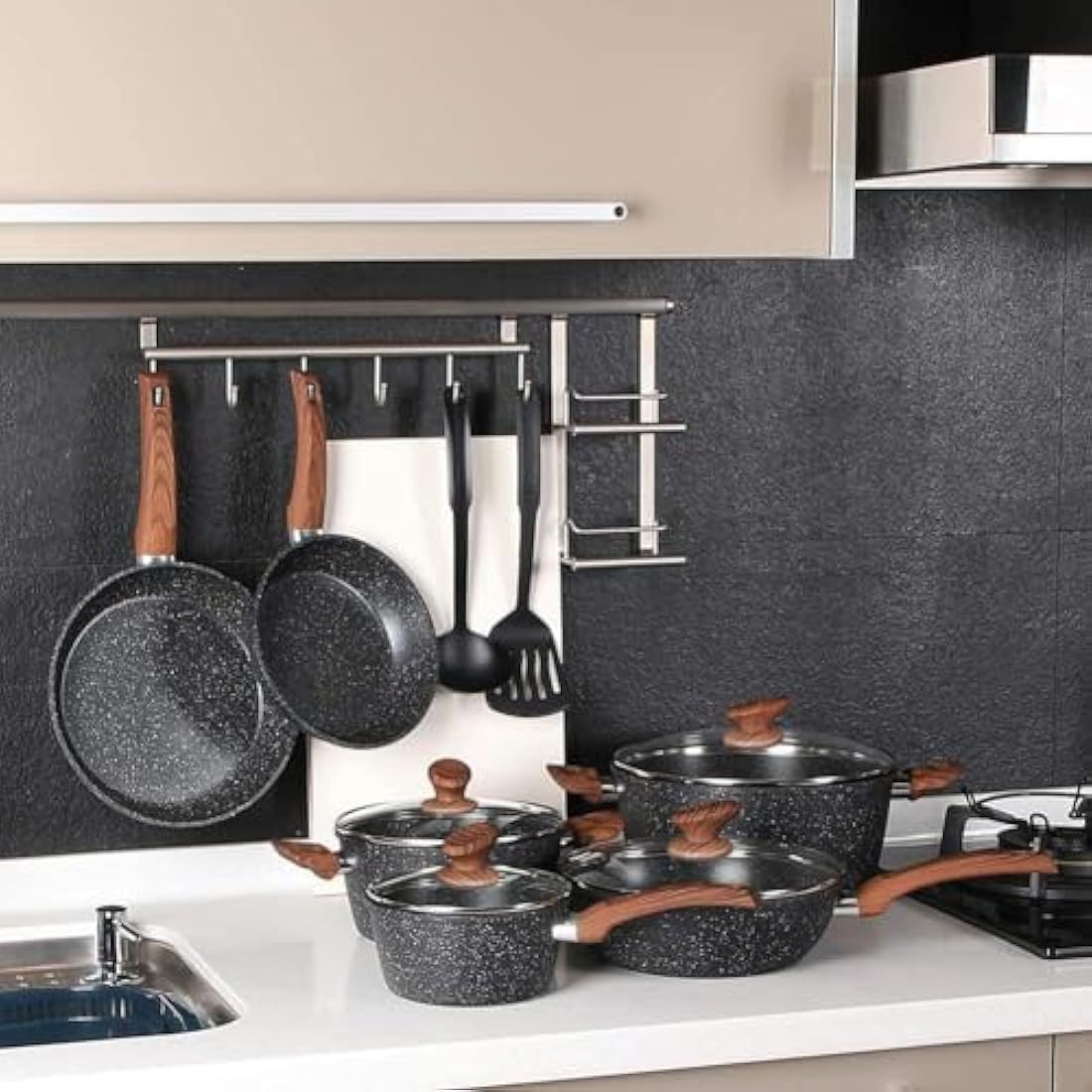 Kitchen Academy Induction Hob Pans Set - 12 Pieces Black Granite Kitchen Cookware Set，Pots and Pans Set Non Stick