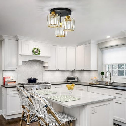 FORCOSO Ceiling Light 3 Lights, Black and Gold Light Shade Crystal Light Fitting, Semi Flush Modern Chandelier Lampshade, E27 Lighting Fixture for Living Room Bedroom Hallway Kitchen Dining Room