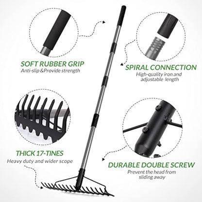 Walensee 165cm/5.4FT Heavy Duty Garden Rake with Stainless Steel Handle, 17 Steel Tines Metal Dual-Head Garden Rake Tool, for Loosening Soil Gathering Leaf Leveling Lawn Farming Land Yard Thatch Rake