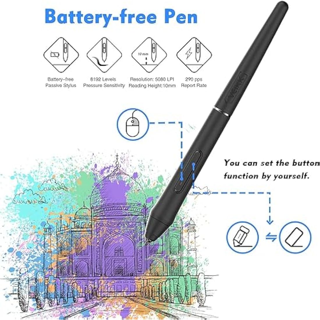 Digital Graphics Drawing Tablet, 10x6 inch VEIKK VK1060PRO with 2 Scroll Wheels, 6 Express Keys, Battery-Free Stylus with Tilt Function for Windons、Mac OS、Android And Linux