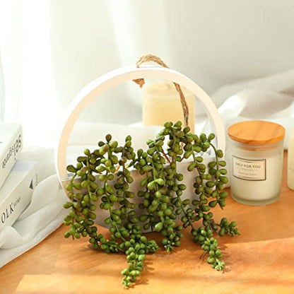 Hobyhoon Hanging Plant Artificial Succulents Fake String of Pearls Plants 12.2'' in Wooden Pot for Indoor Outdoor Wall Decor (1PCS)