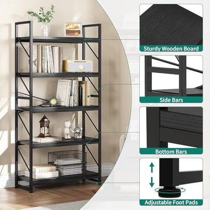 YITAHOME Bookcase 5 Tiers, Industrial Book Shelf Large Floorstanding Book case Wooden Shelf and Metal Frame Shelving Unit Display Storage Rack for Living Room, Home Office, Black Bookshelf