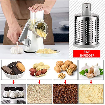 Ourokhome Cheese Grater Rotary Shredder, Kitchen Speed Mandolin Slicer Hand Crank Grinder with 3 Interchangeable Blades and Handle for Cheese, Vegetable, Walnut, Chocolate, Potato, Carrot, White