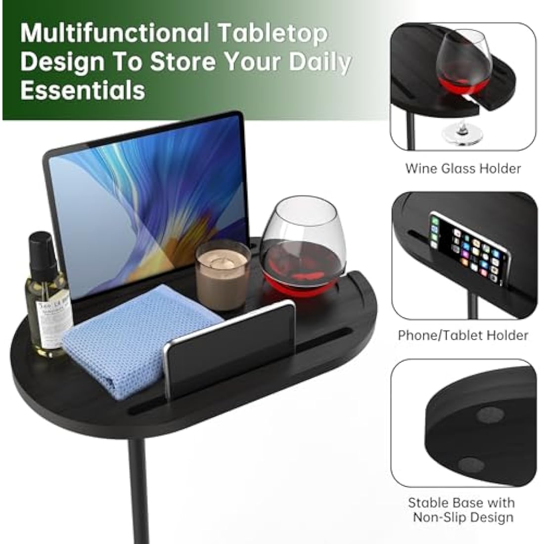 NiHome Bamboo Swivel TV Tray Table with Thickened Stable Non-Tipping Base,Adjustable Height Couch Table Tray,End Table,Bathtub Side Tray Table with 360° Rotating for Hot Tub Bedside Sofa Balcony,Black