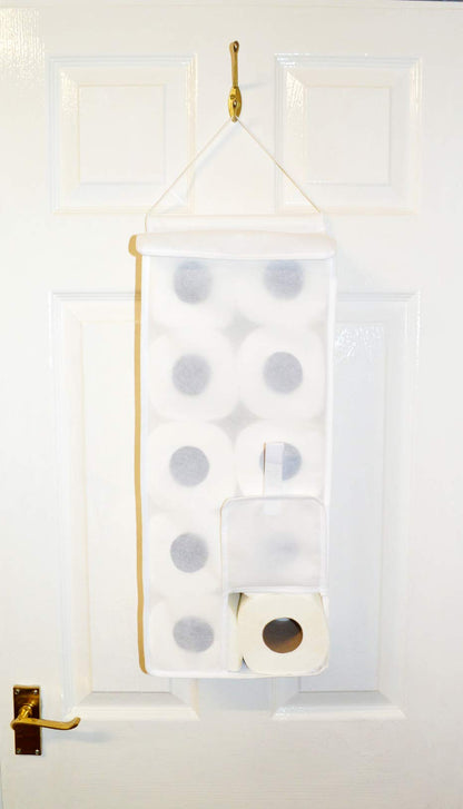 Hanging Toilet Roll Holder Organiser Storage bathroom fabric storage dispenser white made in the UK