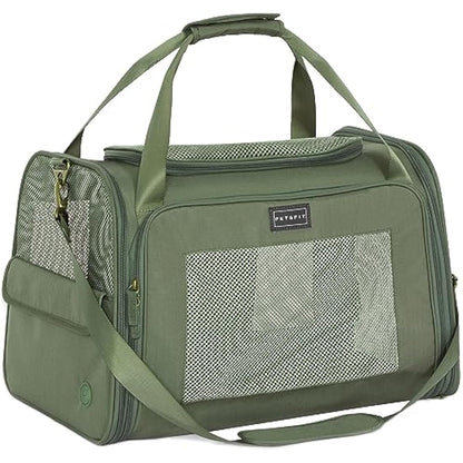 Petsfit Dog Carrier Soft Sided Travel Carrier, Large Pet Carriers with Quadrangle Oxford Fabric and Ventilation Mesh，Portable Dog Bag with Expandable mat and Upgraded Large Space, Olive Green