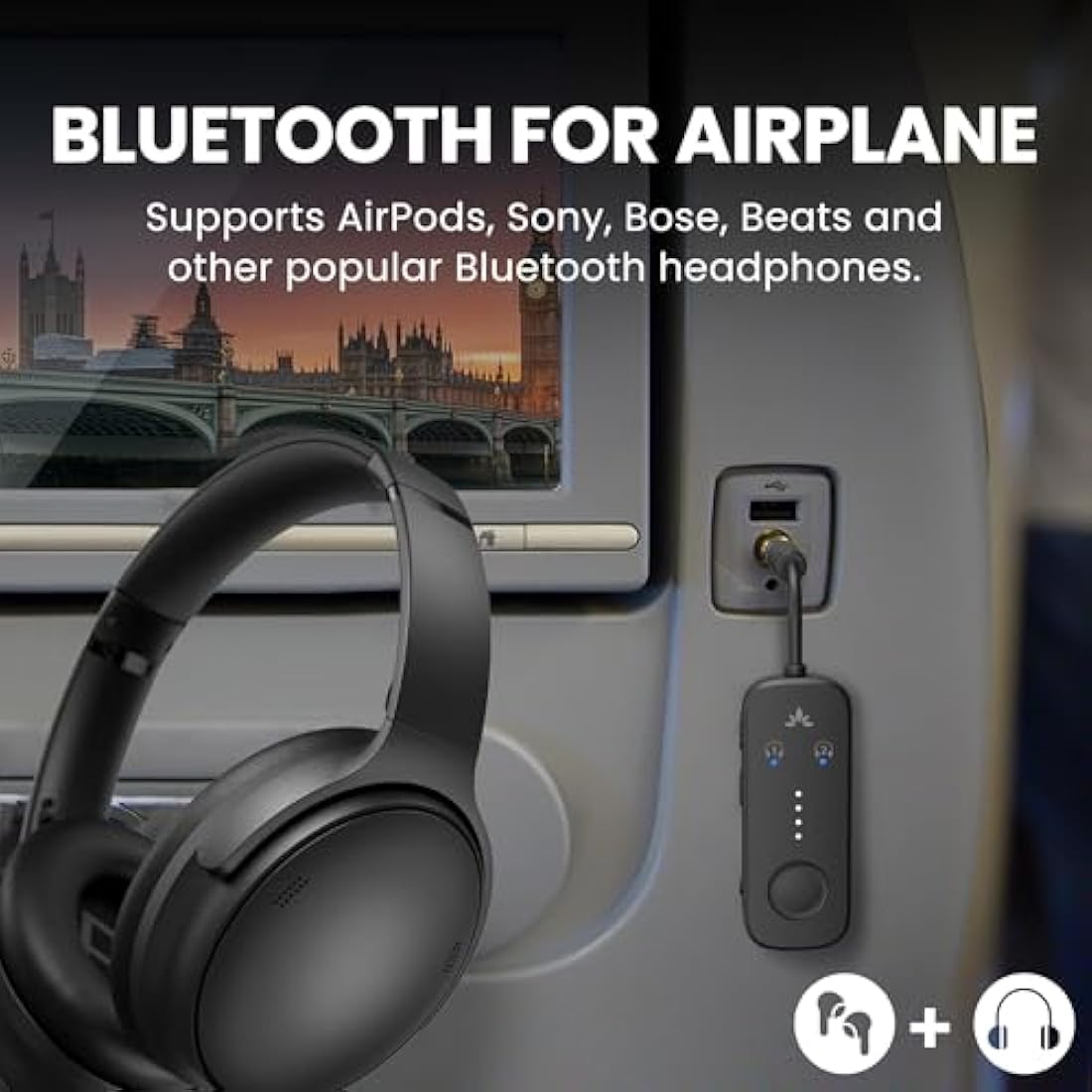Avantree Relay - Airplane Bluetooth 5.3 Adapter with Qualcomm aptX Adaptive, Supports 2 AirPods or Headphones, 20H Playtime, 3.5mm AUX Jack Wireless Audio Transmitter for Planes, Airline, Travel