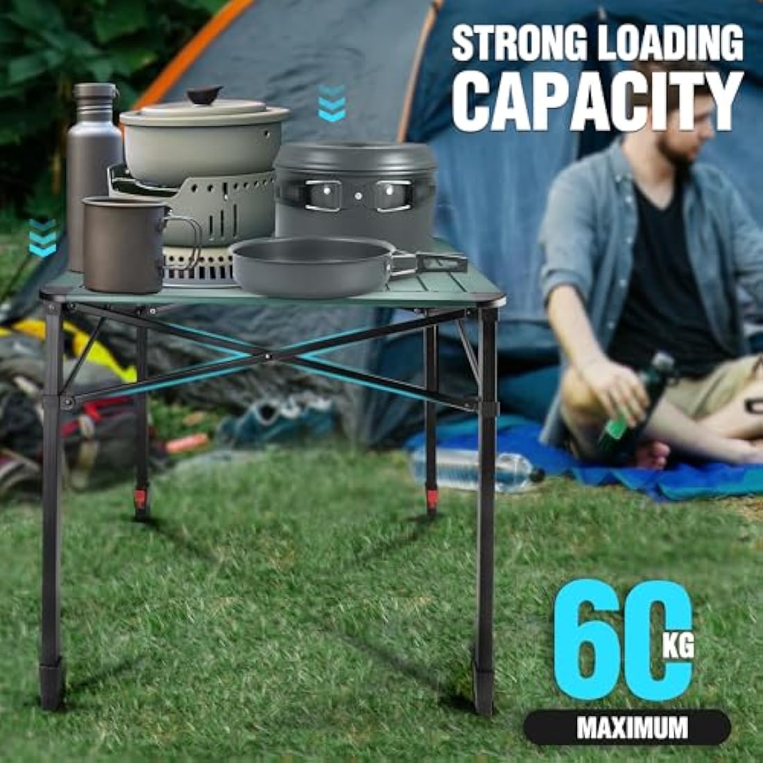 VILLEY Camping Table Folding, Lightweight Roll Up Aluminum Camp Table with Carry Bag, Adjustable Height Portable Outdoor Table for Picnic, Beach, Hiking, Fishing, Large