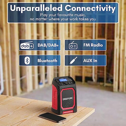 DigiFunk Work Site Radio | USB Rechargeable | DAB+, DAB, FM, Bluetooth, AUX Input | IP65 Waterproof Rugged Durable Design | Perfect for Builders, Outdoors, Warehouse, Garage, DIYer, Shed | Red