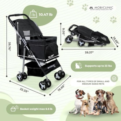Mobiclinic® Pets Foldable Dog Pram, Up to 15 kg, Ideal for Small Dogs, Pet Stroller, Zuma, Wheels with 360° Brakes, XXL Basket, 3 Windows with Zip and Mosquito Net, Cup Holder (Black)
