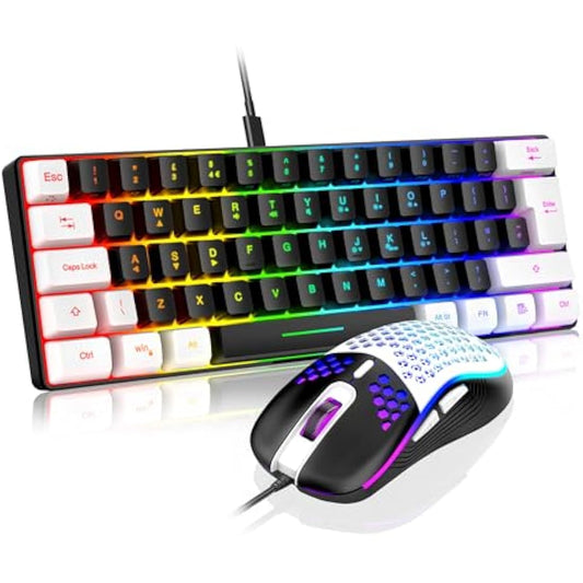 RedThunder 60% RGB Gaming Keyboard and Mouse Combo,UK Layout Ultra Compact Backlit Mini Keyboard, Lightweight 7200 DPI Cellular Optical Mouse, Portable Wired Gaming Set for PC PS5 Gamers (Black-White)