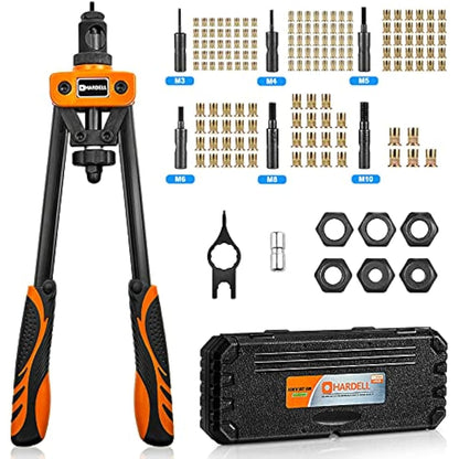 HARDELL Rivet Tool Kits, Rivet Nut Pliers Set, 14" Heavy Duty Hand Rivnut Gun with 150 Rivet Nuts and M3 M4 M5 M6 M8 M10 6 Metric Mandrels，Heat-treated Alloy Steel better for Thick Sheet Steel