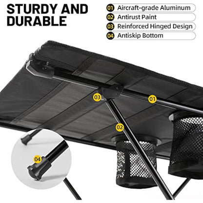 ZUNE LOTOO Portable Lightweight Camping Folding Table - 60x40x40cm Large Waterproof 35kg Bearing Capacity Sturdy Picnic Table, with Mesh Storage Organiser and Carry Bag, for Outdoor Hiking